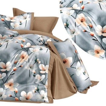 Pościel 200x220 Bawełna satynowa szaro brązowa w kwiatyPK734 z PRZEŚCIERADŁEM